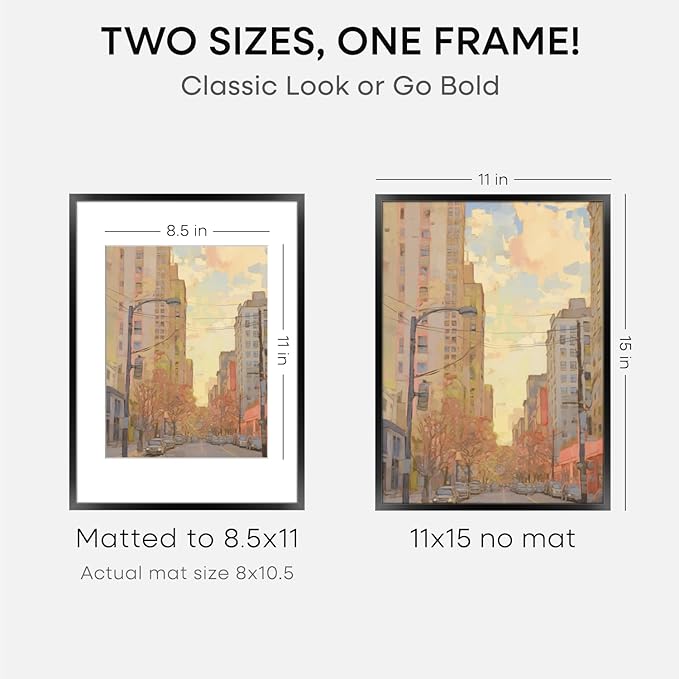 Homeforia Black 11x15 Picture Frame, High End Metal 11x15 Poster Frames with Mat 8.5x11, 11 x 15 Black Frames Matted to 8.5 x 11 inch Photo, 11 by 15 Hanging Frames, Tempered Glass, Wall Kit, Set of 2