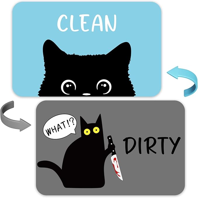 Funny Black Cat Cartoon Clean Dirty Dishwasher Magnet, Washing Machine Magnets Flip, Cute Cat Refrigerator Clean Dirty Sign, Double Sided Reversible Non Scratch Dish Washer Magnet Sign (Blue&Gray)