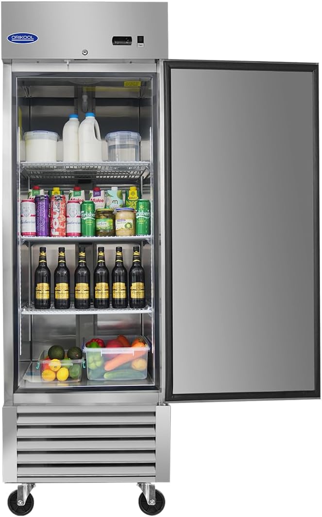 mikibama 27"W Commercial Refrigerator with Single Solid Door 23 Cu.ft Reach-In Refrigerators Stainless Steel ETL Approved Upright Fridge Storage for Restaurant,Temp Control 34℉~40℉, LED Light