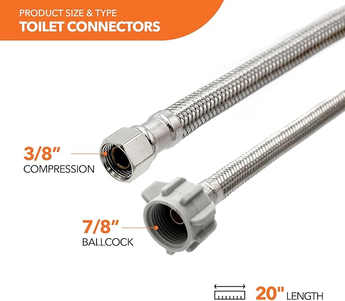 Stainless Steel Toilet Connection Kit - Braided Water Hose, 3/8" Compression x 7/8" Ballcock, 20" Length (5Pack) + Supply Stop Valves, 5/8" x 3/8" Compression (5Pack)
