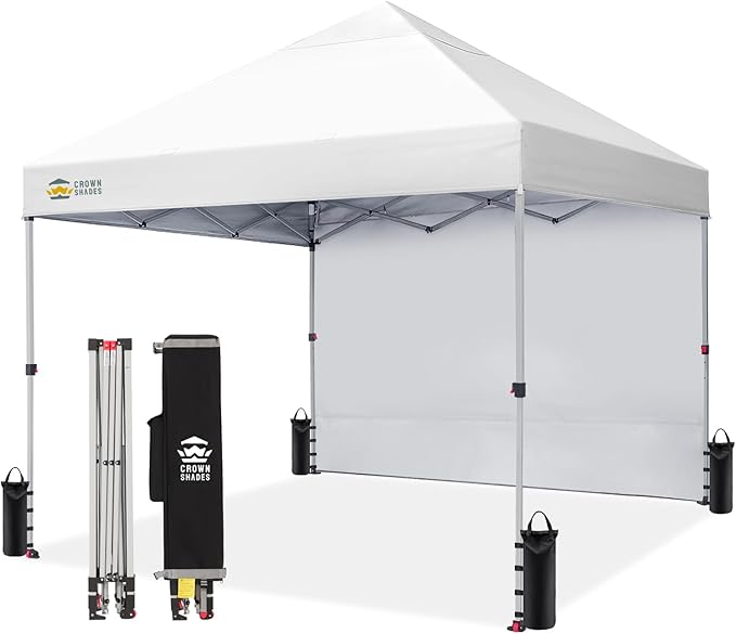 CROWN SHADES 8x8 Pop Up Canopy with 1 Side Wall - Beach Tent with One Push Setup - Outdoor Sun Shade for Events, Parties, Camping - Gazebo with STO-N-Go Cover Bag (White)