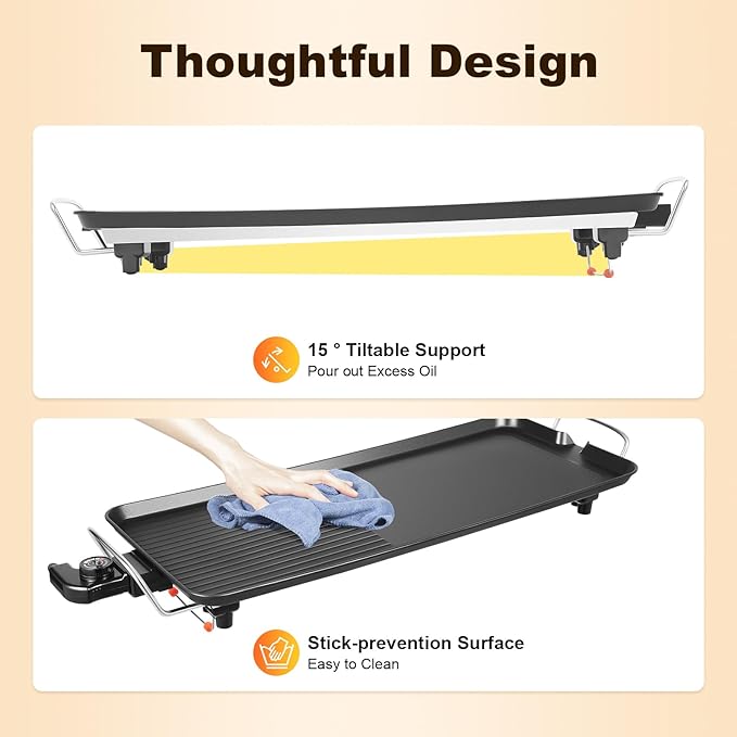 27"x11" Electric Griddle, Aluminum Alloy Teppanyaki Grill, 1500W Fast Even Heating Long Countertop Griddle, 5Gear Adjustable Tempt Non-stick Sloped Cooking Surface w/Hassle-Free Clean Up