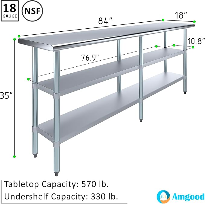 AmGood Stainless Steel Work Table with 2 Shelves | NSF | Metal Utility Table (84" Long x 18" Deep)