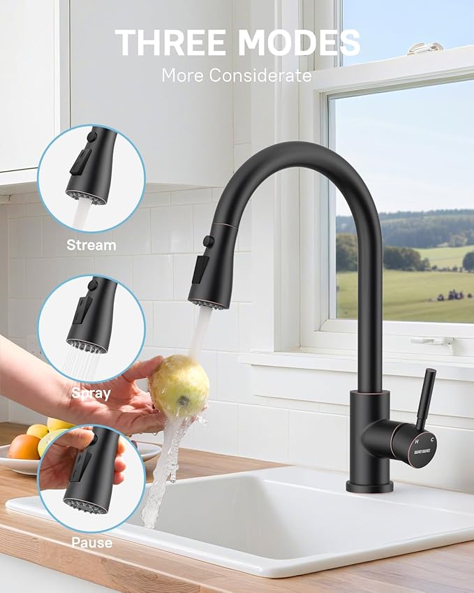 WEWE Kitchen Faucet with Pull Down Sprayer and Soap Dispenser, Stainless Steel Kitchen Sink Faucets, 3-Mode High Arc Single Handle Faucet for RV Farmhouse, Oil Rubbed Bronze