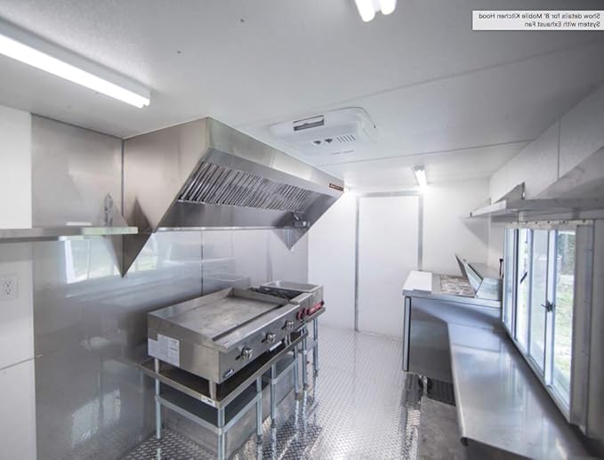 Food Truck Low Profile Exhaust Hood System Includes a stainless steel exhaust hood, an exhaust fan, an adjustable duct section, and installation hardware (4' Long Hood & Fan)