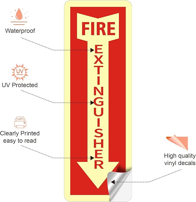 Fire Extinguisher Stickers, 4 Pack 4" X 12" Vinyl Fire Extinguisher Sign Self Adhesive Reflective,Easy to Apply and Stick,Weatherproof, UV Protected,Indoor Outdoor use,Glow in the Dark