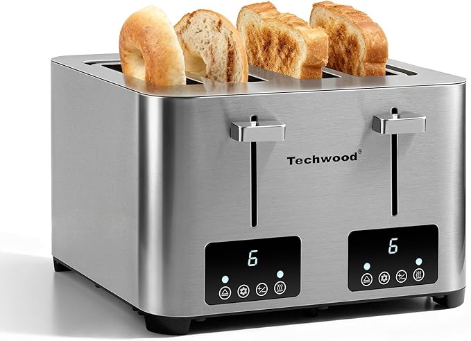 Toaster 4 Slice, Techwood Stainless Steel 4-Slice Toaster Wide Solt with LED Display & 6 Shade Settings, Perfect for Bagels, Waffles and More, Cancel/Defrost Functions & Removable Crumb Trays, 1500W
