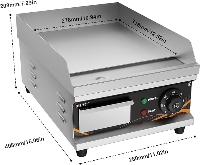 Commercial Electric Griddle, 1500W Electric Countertop Flat Top Griddle with Thermostat, 12" Stainless Steel Flat Top Grill, Non-Stick Teppanyaki Grill for Home & Restaurants