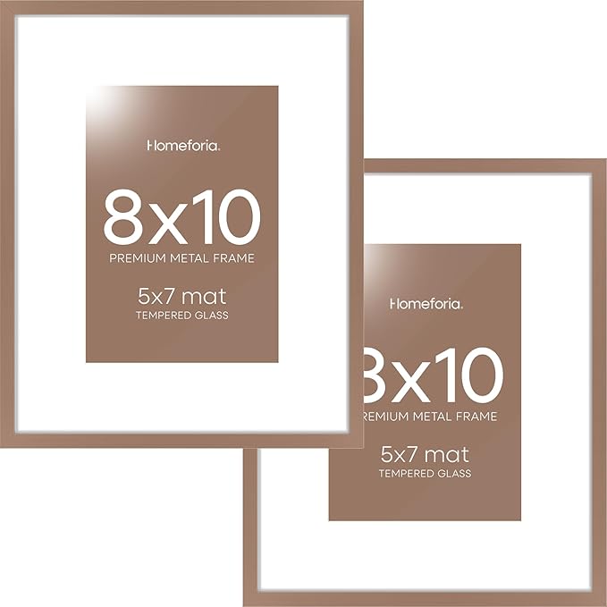 Homeforia Mocha Picture Frames 8x10, High End Metal 8 x 10 Photo Frame with Mat 5 by 7 Art, 10x8 Mocha Frame Matted to 5x7 inch Print, 8by10 Wall or Tabletop Frames, Tempered Glass, Wall Kit, Set of 2