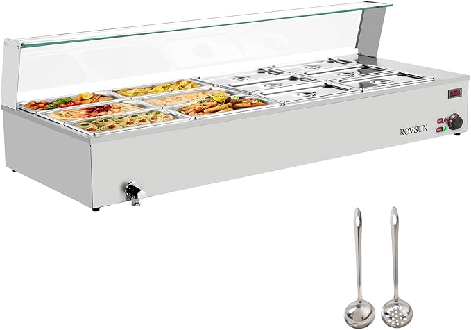 ROVSUN 96QT 1500W Electric Commercial Food Warmer, 12-Pan Steam Table 8QT/Pan Stainless Steel Bain Marie Countertop w/Glass Shield Temperature Control & Lid for Buffet Restaurant 110V