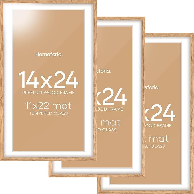 Homeforia 14x24 Picture Frame Natural Wood, High End Oak 14x24 Light Wooden Poster Frame with Mat 11x22, 14 x 24 Frames Matted to 11 x 22 Photo, 24x14 Hanging Frame, Tempered Glass, Wall Kit, Set of 3