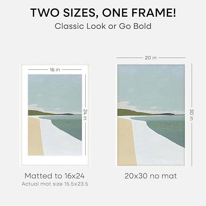 Homeforia White 20 x 30 Frame, High End Oak 20 x 30 White Wood Poster Frames with Mat 16 by 24 Photo, 20x30 Wooden Picture Frame Matted to 16x24, 30x20 Large Frames, Tempered Glass, Wall Kit, Set of 2
