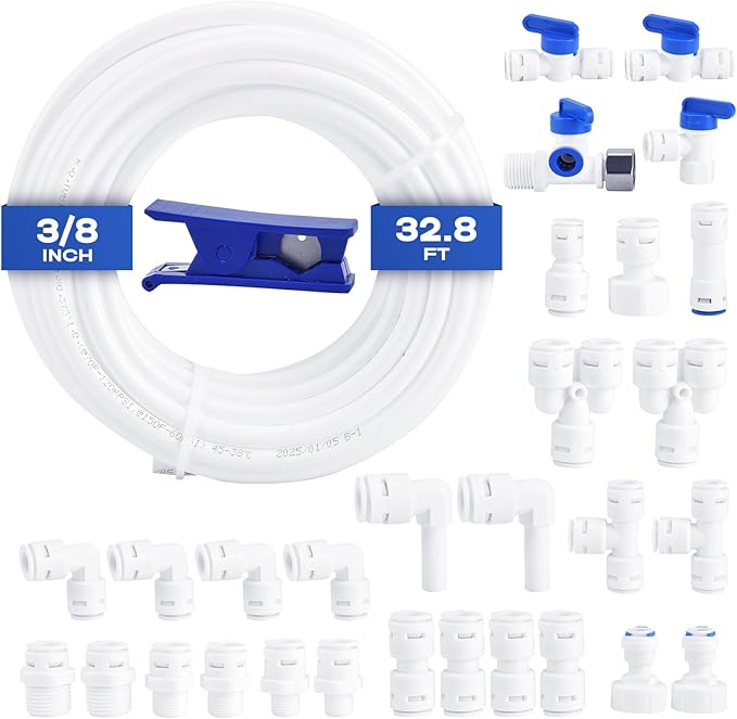 3/8 Water Line, cnaodun with 3/8" OD 32.8ft Water Tubing Reverse Osmosis Quick Connect Fittings Push To Connect Water Tube Fittings for RO Water Filter