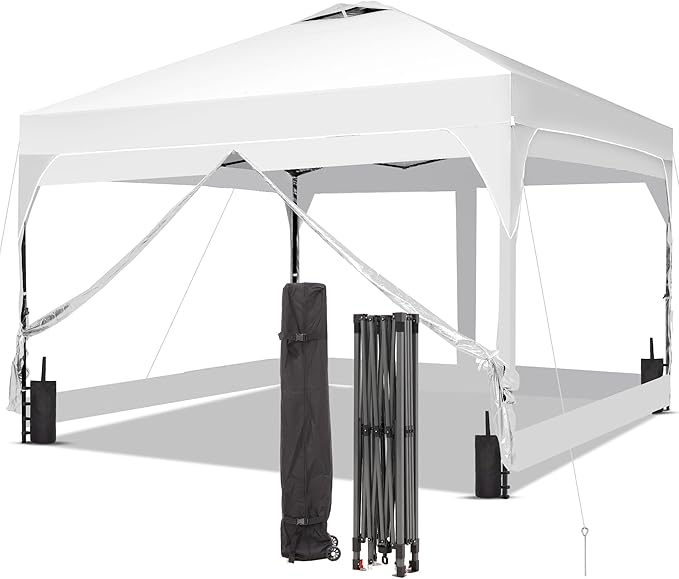 Saemoza 12x12 Pop Up Canopy Tent with One Push Setup, Outdoor Sun Shade Canopy for Backyard Party, Easy Up Instant Shelter with 4 PVC Transparent Sidewalls, 4-Sandbags & Wheel Bag, White.