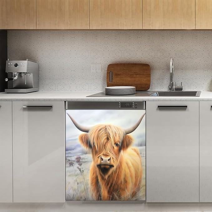 Dishwasher Magnet Cover Highland Cow Refrigerator Covers Magnetic Sheet Sticker Farmhouse Kitchen Decorative Home Cabinet Decals Appliances Stickers, 23x26 inch