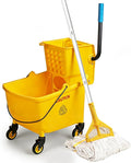 33 Quart Commercial Mop Bucket, with Side-Press Wringer on Wheels. Includes an Industrial Mop. Yellow Industrial Mop Bucket, Suitable for Home, Commercial, Restaurant Cleaning