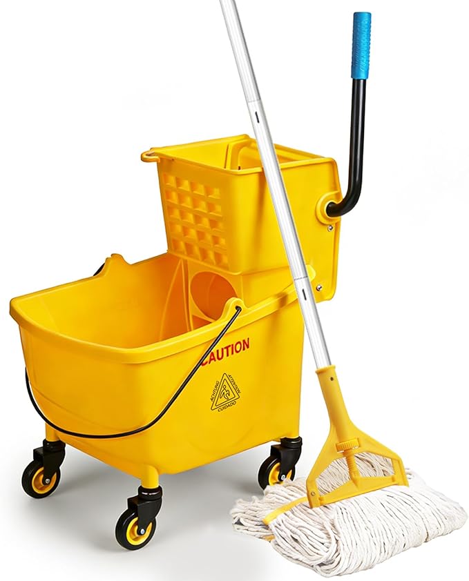 33 Quart Commercial Mop Bucket, with Side-Press Wringer on Wheels. Includes an Industrial Mop. Yellow Industrial Mop Bucket, Suitable for Home, Commercial, Restaurant Cleaning