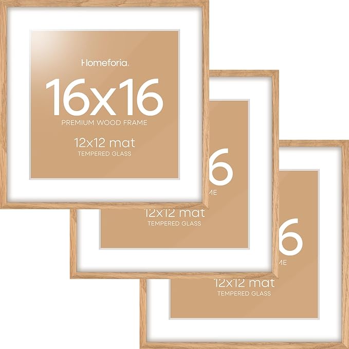 Homeforia 16x16 Picture Wood Frame, High End Natural Oak 16 x 16 Square Light Wooden Frames with Mat 12 by 12 inch Photo, 16by16 Poster Frames Matted to 12x12 Print, Tempered Glass, Wall Kit, Set of 3