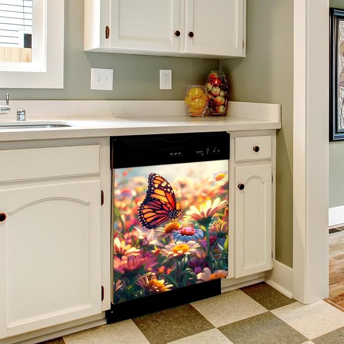 Butterfly Beautiful Flowers Dishwasher Magnet Cover, Reusable Refrigerator Panel Stickers Microwave Front Door Covers Magnets for Kitchen Home Appliances Holiday Party Decorations 23 X 26 in