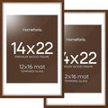 Homeforia 14x22 Picture Frame Brown, High End Dark Oak 14x22 Walnut Wooden Frames with Mat 12x16, 14 x 22 Wood Poster Frame Matted to 12 by 16, 22x14 Hanging Frames, Tempered Glass, Wall Kit, Set of 2