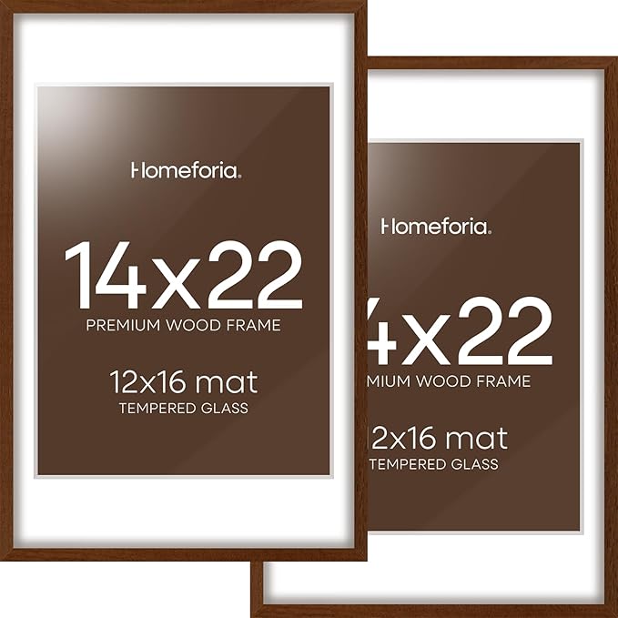 Homeforia 14x22 Picture Frame Brown, High End Dark Oak 14x22 Walnut Wooden Frames with Mat 12x16, 14 x 22 Wood Poster Frame Matted to 12 by 16, 22x14 Hanging Frames, Tempered Glass, Wall Kit, Set of 2