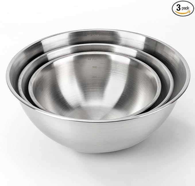 3-Set Stainless Steel Mixing Bowls Set (6.3"+7.1"+8.26"), Metal Bowl Sets with Measurement Marks, Dishwasher Safe & Stackable - Perfect for Baking, Salad Making, Meal Prep and Kitchen Use