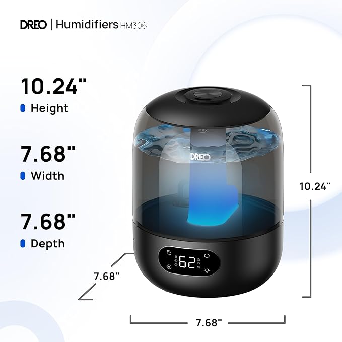 DREO Humidifiers for Bedroom, 3L Top Fill 30H & 26dB Quiet Runtime for Large Room, Cool Mist Ultrasonic Humidifier with Humidity Sensor, Night Light for Home, Baby, Nursery, Plants, 360° Nozzle, Black