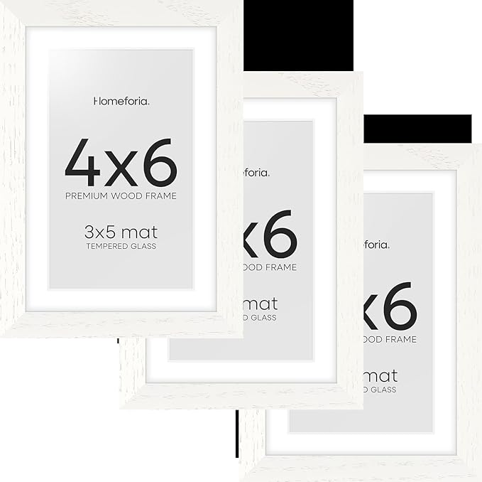 Homeforia White Picture Frames 4x6, High End Oak 4x6 Wooden Frame with Mat 3x5 Art, 4 x 6 White Wood Frames Matted to 3 x 5 inch Photo, 6by4 Wall or Tabletop Frame, Tempered Glass, Wall Kit, Set of 3