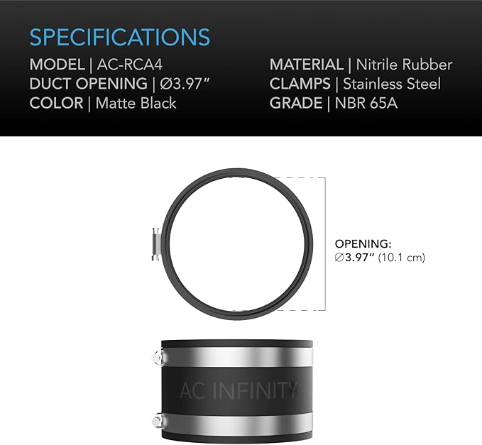 AC Infinity Noise Reduction Clamp 4-Inch, Duct Coupler with Stainless Steel Clamps, Flexible Rubber Coupling for Inline Fans and Carbon Filters in Growing and HVAC