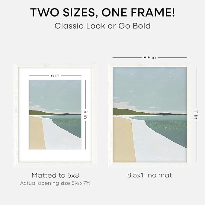 Homeforia 8.5 by 11 Picture Frame White, High End Oak 8.5 x 11 Wood Frames with Mat 6 x 8 inch Photo, 8.5by11 Wooden Frame Matted to 6x8 Art, Wall or Tabletop Frame, Tempered Glass, Wall Kit, Set of 3
