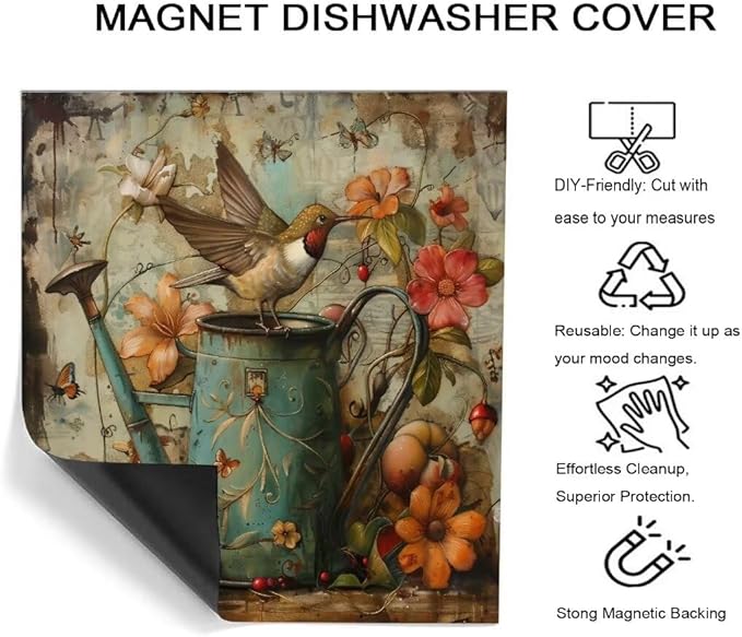 Floral Watering Can Birds Spring Dishwasher Magnet Cover,23" x 26" Dishwasher Cover,Retro Country Butterfly Magnetic Decal Vinyl Sticker Kitchen Decor Refrigerator Magnets Self Adhesive Wrap