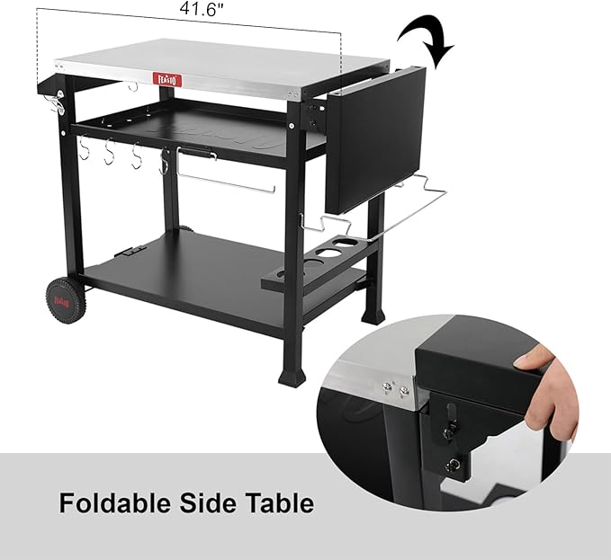 Outdoor Grill Cart, Pizza Oven Table Stand for Outdoor Indoor, 50" x 22" Stainless Steel Tabletop Dining BBQ Grill with Wheels for Food Prep, 3-Shelf Kitchen Cart Table