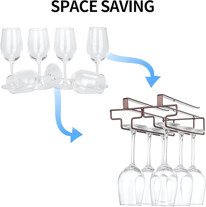 Wine Glass Rack Under Cabinet Drilling Free No Screw Steamware Holder Under Shelf Metal Wine Glasses Holders 304 Stainless Steel Hanger Storage Organizer Hanging Glass Fit for Bar Kitchen 2 Rows Brown