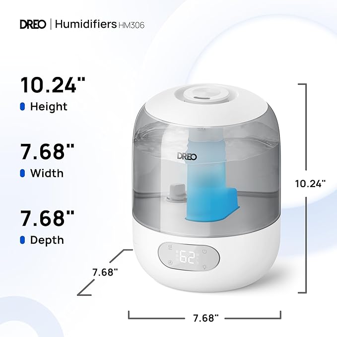 DREO Humidifiers for Bedroom, Cool Mist Ultrasonic Humidifiers with 30Hr Runtime, Top Fill 3L Tank, Easy Clean, Humidity Sensor, Night Light for Baby, Nursery, 360° Nozzle for Plants and Home, Grey