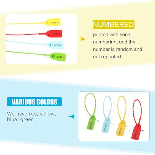 180 Pcs Pull-Tite Security Seal Numbered, Eau 4 Color Disposable Plastic Tamper-Proof Seals, Self-Locking Security Tags for Extinguisher,Logistics, Lagguage,Transport.