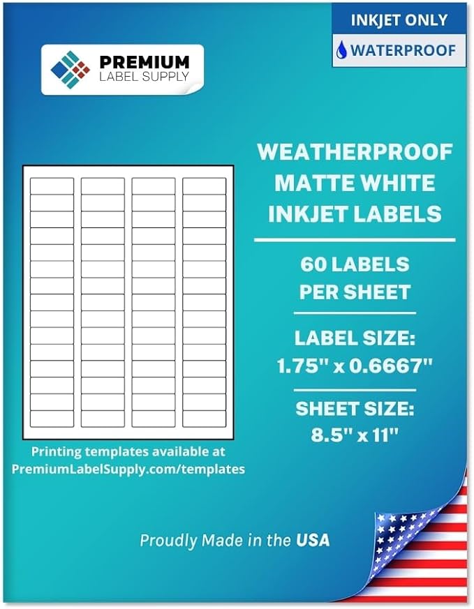 Premium Label Supply Waterproof White Return Address Sticker Labels – 1.75" x 0.667" – Inkjet Printers Only – (60 per Sheet), 25 Sheets - 1,500 Total Adhesive Labels