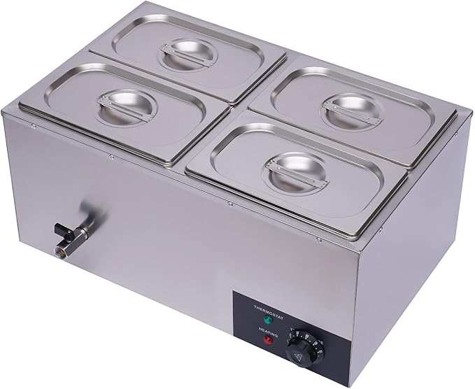 4-Pan Bain Marie Steam Table, Commercial Countertop Steam Table Food Warmer 600W 16.9Qt Stainless Steel Electric Food Soup Warmer with Lid and Tap for Restaurant, Buffet Catering