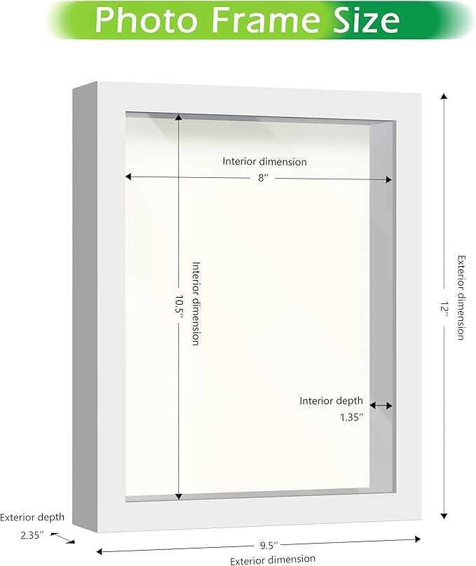 FrameWorks 8.5” x 11” White Wooden Shadow Box Frame – Display Case with Soft Felt Back, Memory Box with Tempered Glass, Display Box with Elegant White Ball Push Pins, Wooden Flower Box