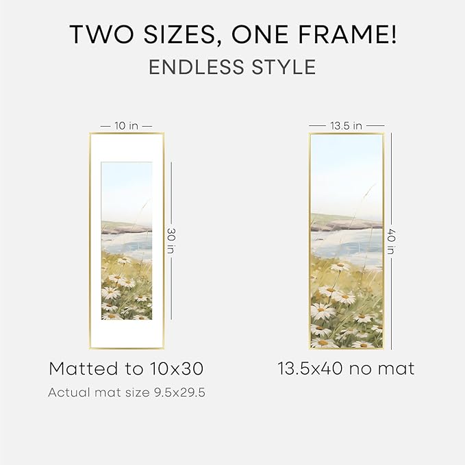 Homeforia 13.5x40 Panoramic Frame Gold, High End Metal 13.5x40 Picture Frames with Mat 10x30 Photo, 13.5 x 40 Poster Frames Matted to 10 by 30 Print, 40x13.5 Frames, Tempered Glass, Wall Kit, Set of 2
