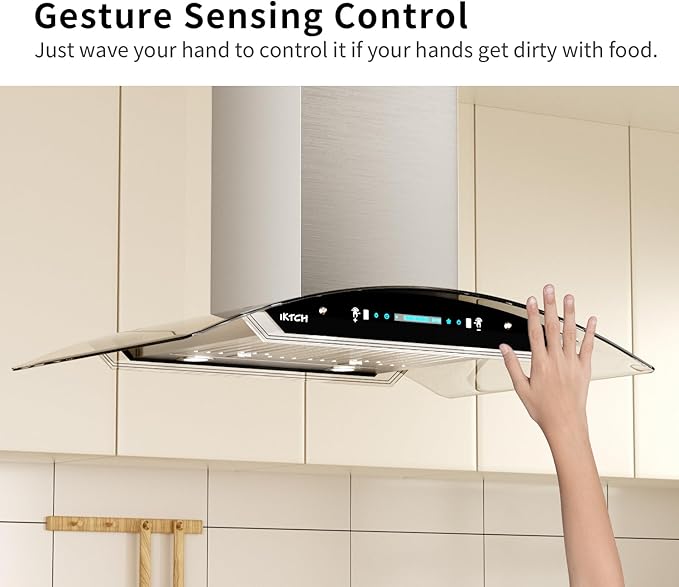 IKTCH 36 Inch Island Mount Range Hood, 900 CFM Ducted, Stainless Steel & Tempered Glass, Gesture Sensing & Touch Control, 4-Speed Fan