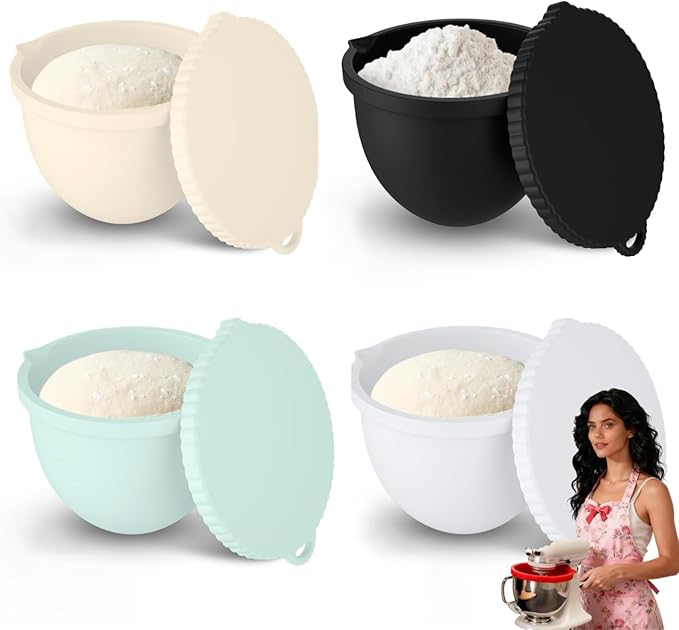 4 Pack Muticolor Silicone Bowl Liners w/Lids for Kitchenaid Tilt-Head 5 QT Stand Mixers, Practical, Durable, Food-Grade Mixer Attachments for Baking & Cooking, Not for Bowl-Lift Models