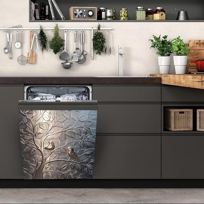 Stainless Steel Bird Dishwasher Magnet Cover - Kitchen Decorative Silver Dishwasher Cover Fridge Panel Decal, Magnetic Refrigerator Sticker Front Door Decals, Magnetic 23"X17"