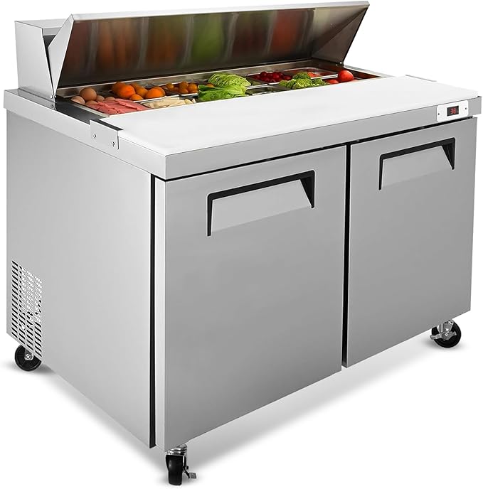 48"W Commercial Sandwich Prep Table Refrigerator - Stainless Steel Door with 12 Pans, 14 Cu.Ft Capacity, Auto Defrost, Digital Temperature Control for Restaurants, Delis, Catering & Convenience Stores
