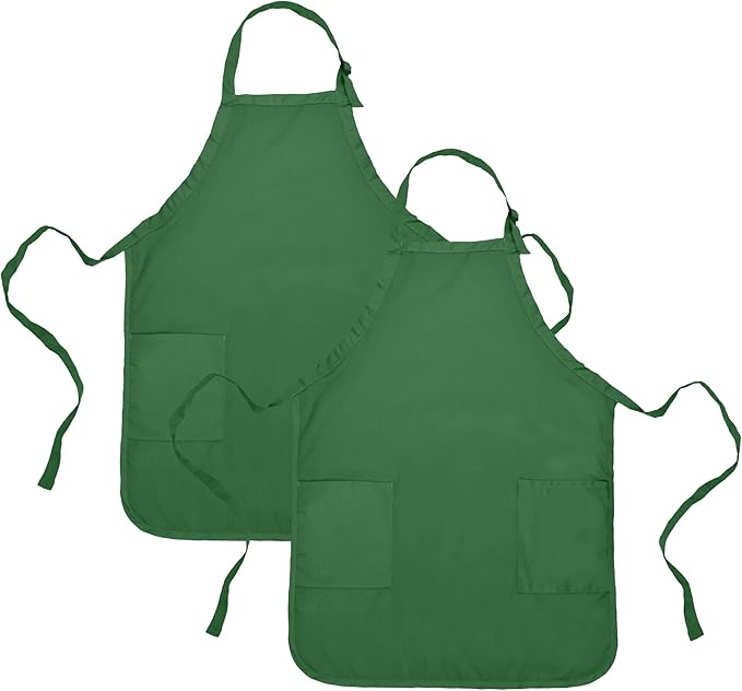 Apron Commercial Restaurant Home Bib Spun Poly Cotton Kitchen Aprons (2 Pockets) in Dark Green 2 Pack