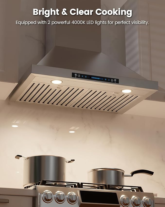 JOCO 30 Inch Wall Mount Range Hood, 900 CFM Stainless Steel Kitchen Chimney Vent Hood, Convertible for Ducted or Ductless Installation, 4-Speed Gesture/Touch/Remote Control P02-30G