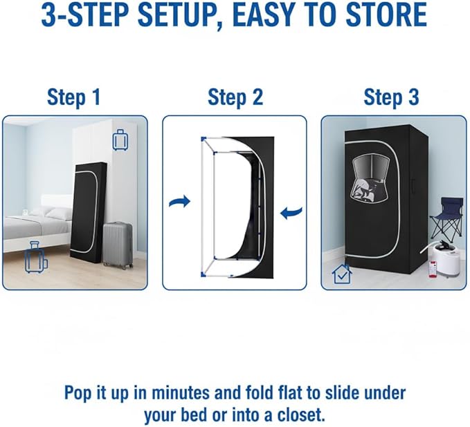 HomeCare Portable Home Sauna Box, Foldable Steam Room with 2.6L 1200W Steamer, 9 Temp & 90 Min Timer, Includes Folding Chair for Relaxation