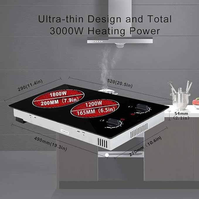 12 Inch Electric Cooktop 2 Burner, Built-in Stove, Electric Radiant Cooktop with Knob Conrol, Residual Heat Indicator, 9 Power Level, Over-Heat Protection, 220V Hard Wire(No Plug)