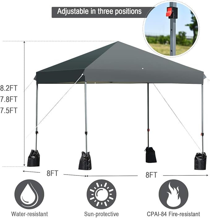 Tangkula 8x8 Ft Pop Up Canopy, Straight Leg Instant Tent Shelter with Wheeled Bag, 4 Sand Bags, 8 Stakes, 4 Ropes, Outdoor Canopy Tent for Camping, Beach, Backyard(Gray)