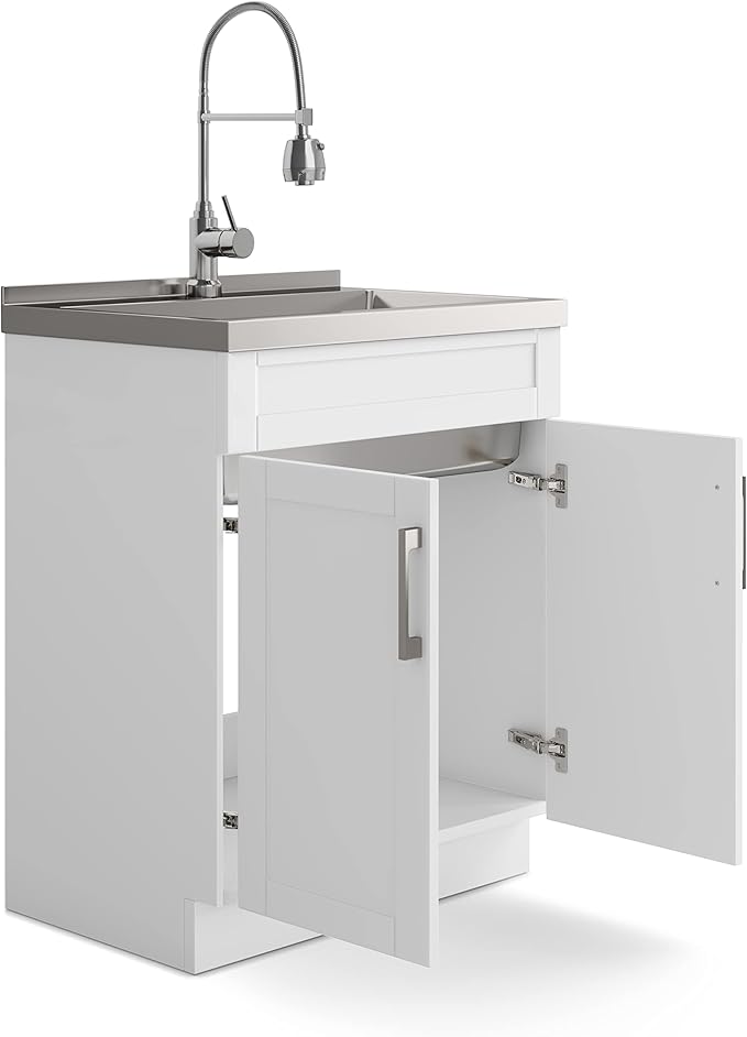 SIMPLIHOME Hennessy All-in-One 28 inch Wide Utility Sink and Laundry Cabinet in Pure White Finish, Transitional Stainless Steel Sink Cabinet for Laundry Rooms with High-Arch Chrome Faucet and Storage