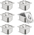6 Set Stainless Steel Hotel Pans 1/6 Size 4 Inch Deep With Lids, Anti-Jam Chafing Steam Table Pans, Catering Food Storage Metal Pan